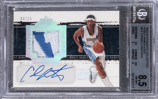 2003-04 UD "Exquisite Collection" Noble Nameplates #CA Carmelo Anthony Signed Patch Rookie Card (#04/25) – BGS NM-MT+ 8.5/BGS 10